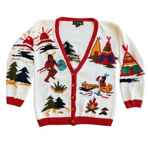 Lumy Hand‎ Knitted Native American Scene Cardigan Sweater M Cotton